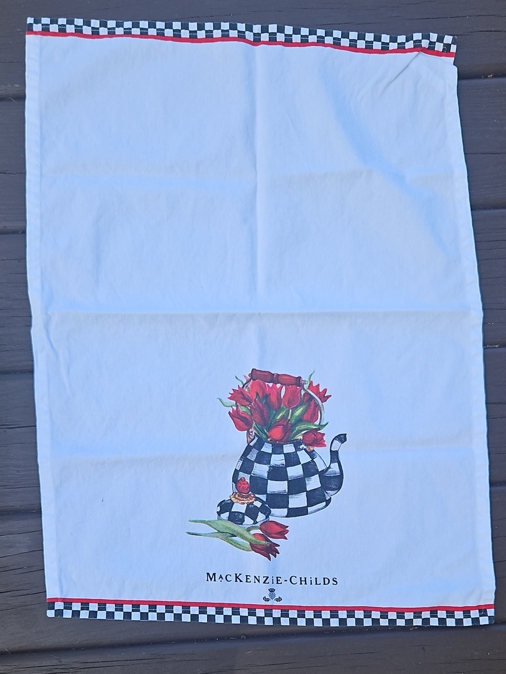 MacKenzie-Childs White Tea Towel with Black Check & Red Floral Teapot